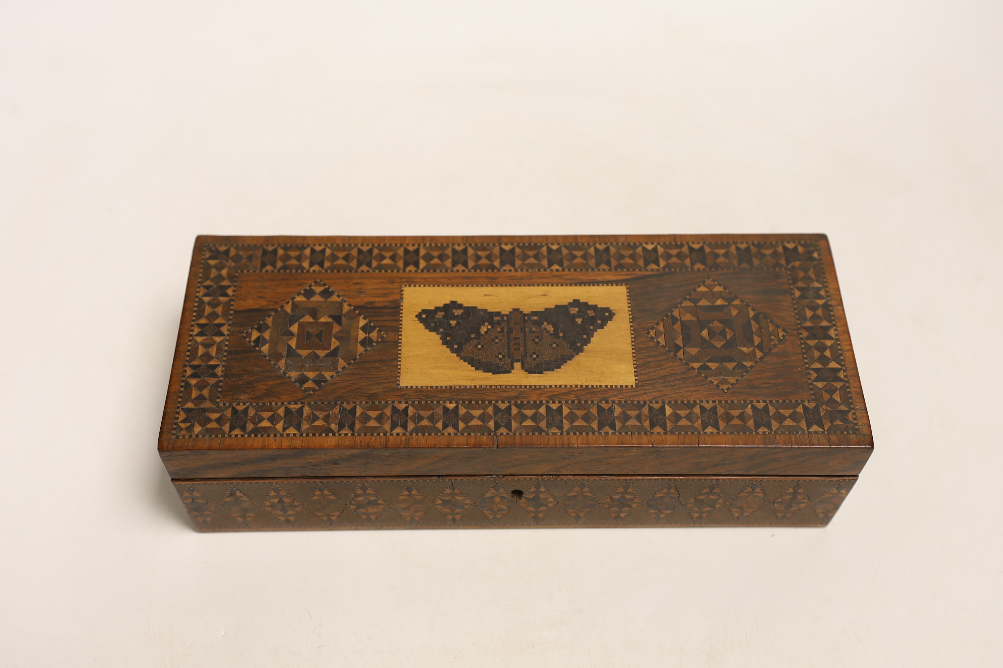 A Tunbridgeware rosewood half square mosaic and butterfly mosaic glove box, circa 1830-50, 24cm wide